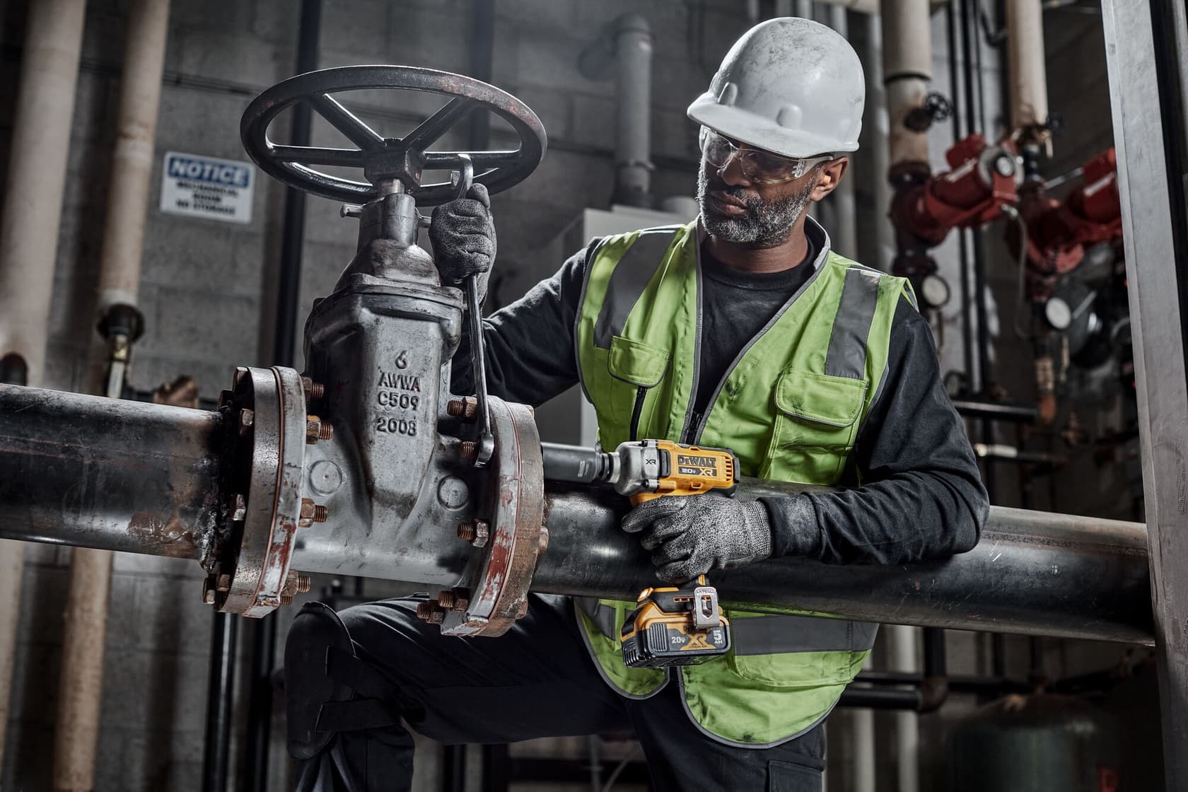 Un trabajador con casco de seguridad, guantes y chaleco reflectante utiliza una herramienta eléctrica amarilla DEWALT para trabajar en una válvula industrial conectada a una tubería grande en una fábrica o instalación industrial. El rostro del trabajador está difuminado.