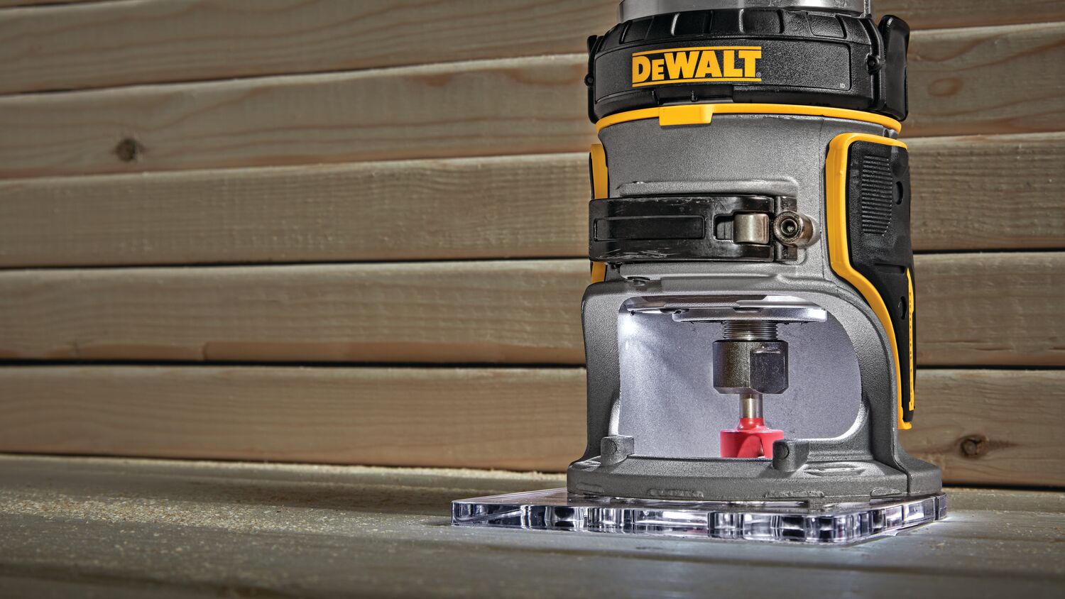Brushless Cordless Compact Router on a wooden table.