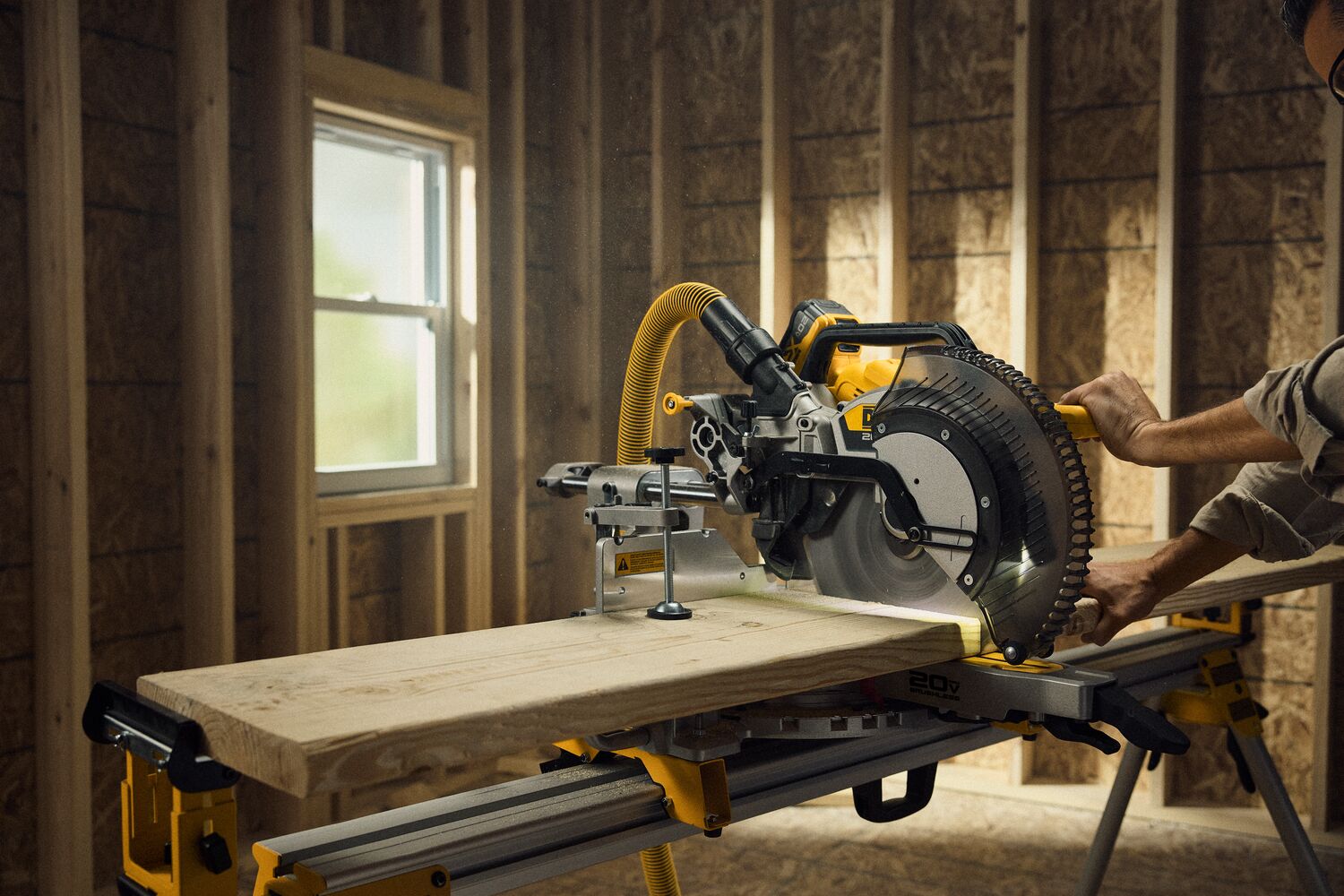 Talent cutting a piece of material with the 20V MAX* XR® 12in. Double Bevel Sliding Miter Saw Kit in a residential environment