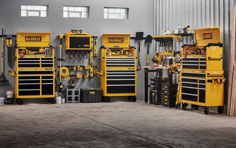 DEWALT Metal Chests and Cabinets Featuring Batteries and Lawn/Garden Kits.