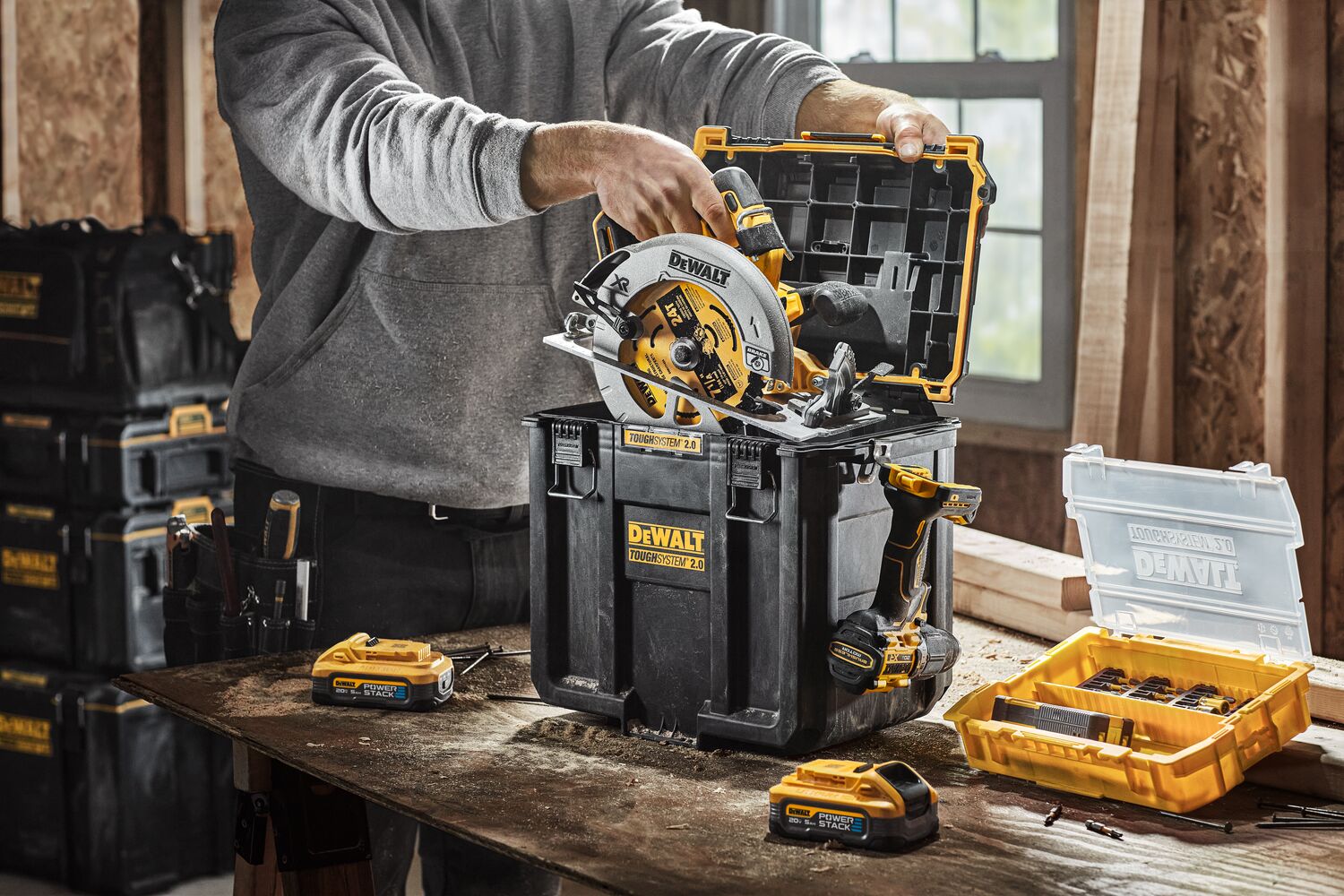 DEWALT TOUGHSYSTEM 2.0 Deep Compact Toolbox stores Circular Saw and features a slot to hang impact drivers/drills.