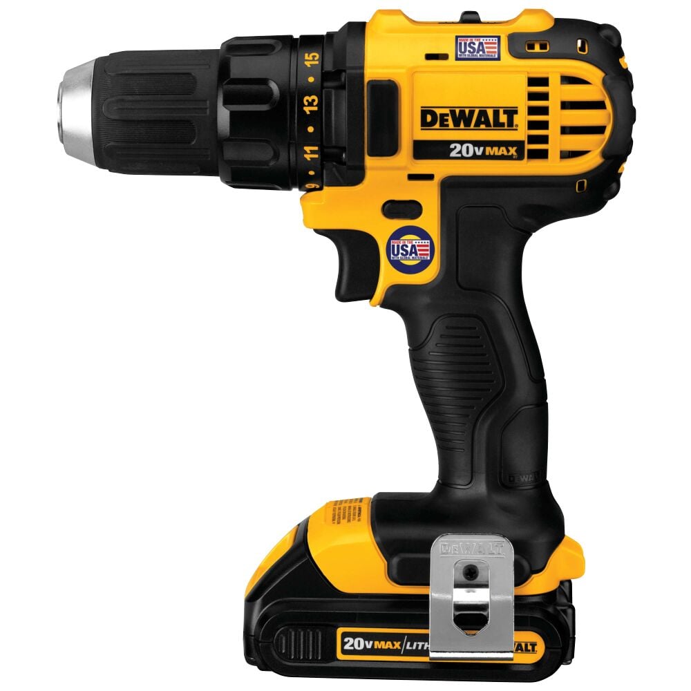 Profile of Lithium Ion Compact drill driver with battery.