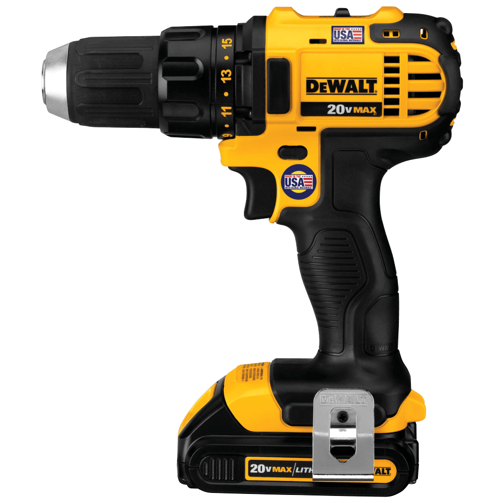 Profile of Lithium Ion Compact drill driver with battery.